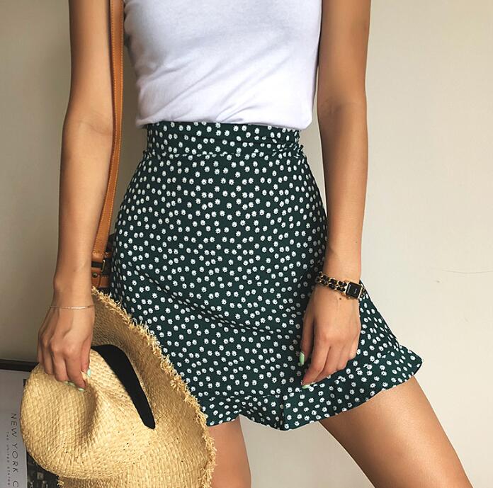 Women Dots Mini Skirt Green White